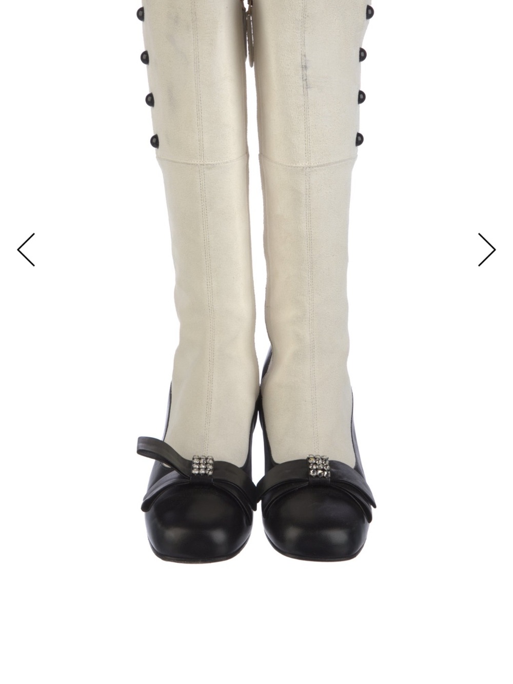 Gucci White Suede/Black Leather Knee-High Boots/ Black Bow & Rhinestone Ornament